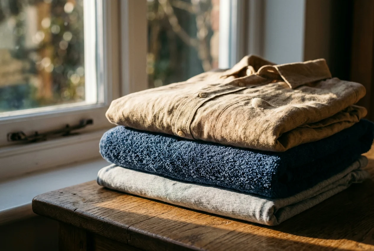 A folded linen shirt, a blue towel and a grey t-shirt stacked by a window
