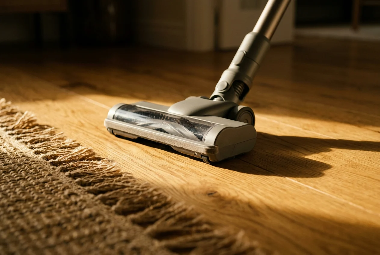 A vacuum cleaner floor head on oak boards in low afternoon light
